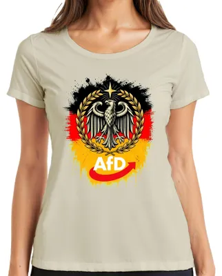 Obrázek produktu pro Tričko s potiskem "AfD Deutschland Patriot Bundesadler Schwarz", černá barva, dámský střih, velikost M. (Styl: patriotické, s nápisem a motivem orla.)