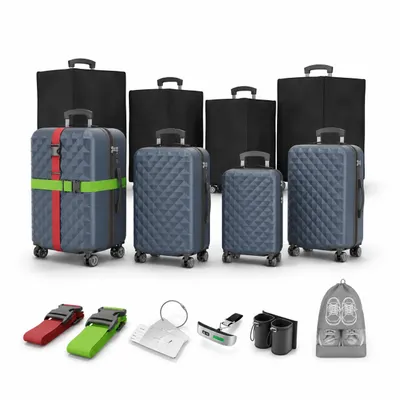 Produktbild von ONBEST Hartschalen Koffer Set | 4-teilig | Blau | mit TSA-Schloss | USB-Anschluss | viel Zubehör | 360° Doppelrollen