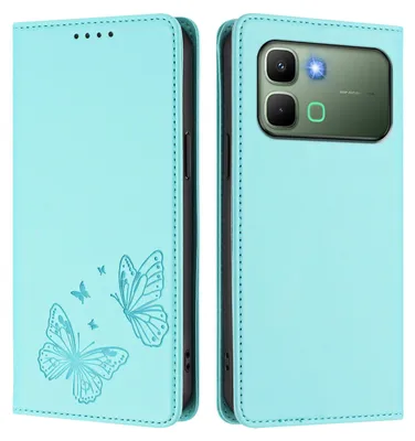 Image de Étui en cuir pour Infinix Note Edge, étui de protection en cuir gaufré motif papillon avec support, couleur turquoise