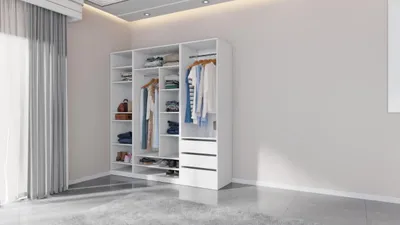 Produktbild von Kleiderschrank 200 cm TRES E ohne Türen – offenes Schranksystem mit Schubladen, Regalen & Kleiderstange WEIß