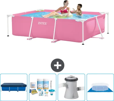 Produktbild von Intex-Schwimmbecken mit rechteckigem Rahmen – 220 x 150 x 60 cm – Rosa – im Lieferumfang enthalten Abdeckung - Wartungspaket - Filterpumpe für Schwimmbad - Bodenplane