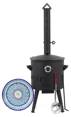 Produktbild von Utschak Feuerofen Ø 40 cm + Gusseisen-Kasan 12 L, Ø 42,5 cm, runder Boden + Küchenzubehör, Usbekischer Kochtopf aus Gusseisen