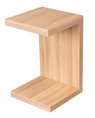 A light wood colored C-shaped side table.