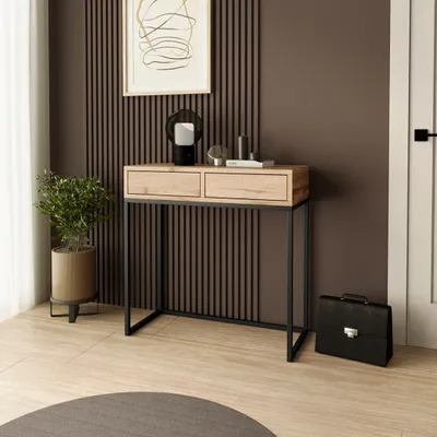 Image de SofaStyle Console LANGO 80 cm - Console à 2 tiroirs, coiffeuse, chêne Wotan avec pieds métalliques noirs