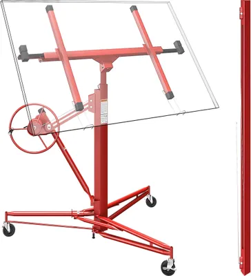 Produktbild von Wiltec SET XXL Plattenheber bis max. 68 kg + 140 cm Verlängerung, Höhe 140-465 cm, max. Breite 2,90 m, Montagehilfe für Trockenbau, Paneelheber mit 3 Rädern, rot