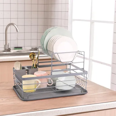 Produktbild von Livingandhome Zweistufiges Geschirrabtropfgestell – silbergrau, mit Besteckhalter & Auffangschale