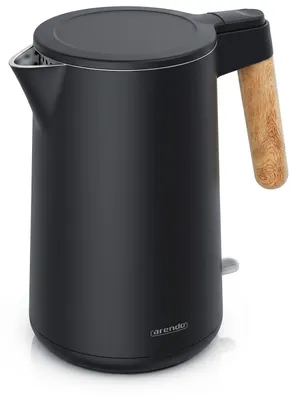 Produktbild von Arendo Wasserkocher Wood Style CORE, 1,5 l, 2200 W, Teekocher mit Doppelwandgehäuse, Cool-Touch, Edelstahl, BPA-frei, 360°-Basis, schwarz, Griff in heller Holzoptik