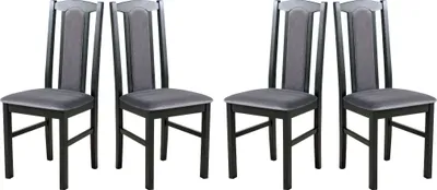 Four black dining chairs with gray upholstered seats and backs are arranged in a row against a white background.