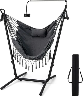 Produktbild von COSTWAY Hängesessel mit Gestell, höhenverstellbarer Hängesitz mit Handyhalter, Kissen & Seitentasche, Hängestuhl Hängeschaukel bis 250kg, Grau