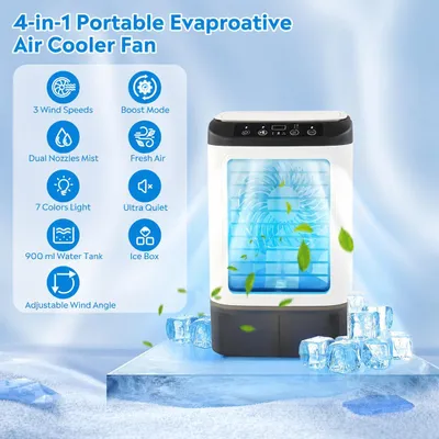 Produktbild von 4 in 1 Mini Klimaanlage,Tragbare Luftkühler mit 900ml Wassertank und Eisfach,3 Geschwindigkeiten,Boost-Modus,Doppelnebelspray,7 Farblichtern,Leise