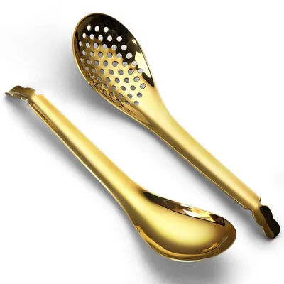 2 goldene Edelstahl-Suppenlöffel mit Schlitz, 17 cm
