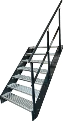 Obrázek produktu pro Mřížové ocelové příčkové schodiště 7 stupňů zábradlí vpravo - Pozinkované a antracitově práškově lakované strany - (š x v x h) 120 x 133 x 139 cm