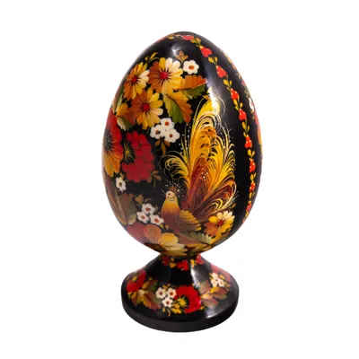 Produktbild von Dekoratives, handbemaltes Osterei (Pysanka) aus Holz auf einem Ständer mit origineller Petrykiwka-Malerei, schwarz
