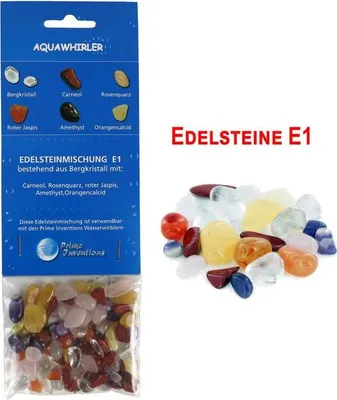 A product package for Edelsteinmischung E1 (gemstone mix E1) with a sample of the gemstones shown next to it.