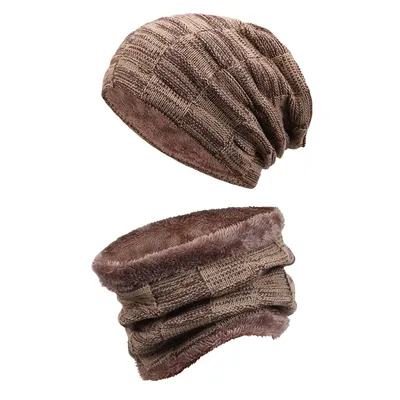 Produktbild von 2in1-Mütze und Schal Set, Warmes Winterset, mit Fleece, A0216 Braun