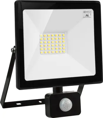 A black LED floodlight with a motion sensor is shown against a white background.