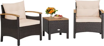 A set of outdoor furniture including two chairs and a side table, displayed on a white background.