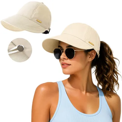 Imagen del producto de Sombrero para mujer, protección UV 50+, plegable, con abertura para coleta, color beige, ideal para el verano