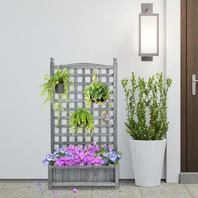 Produktbild von Hochbeet mit Rankgitter 2-in-1 Hellgrau, Pflanzkasten Blumenkasten Tannenholz, Spalier Rankhilfe Kletterpflanzen, Hellgrau | 64 x 28 x 120 cm | 4,9 kg