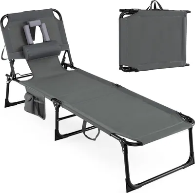 Image de Chaise longue COSTWAY, chaise longue de jardin pliable avec trou pour la tête, dossier réglable, repose-pieds, coussin amovible et  poche latérale, chaise longue grise