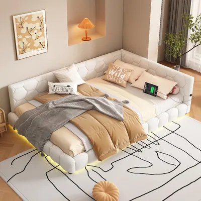 Produktbild von okwish Tagesbett Schlafsofa 140x200cm mit LED und USB-Anschluss, Polsterbett mit Lattenrost aus Teddy-Plüsch, Funktionsbett Doppelbett Kinderbett, Weiß