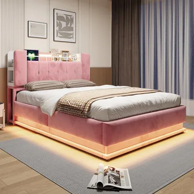 Imagen del producto de Cama tapizada Zerbaco con cajón, 140x200 cm, cama de matrimonio, con sistema hidráulico, iluminación LED, puerto USB, color rosa, con somier, sin colchón