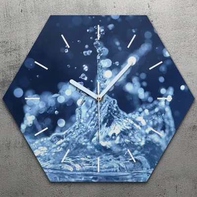 Produktbild von Uhr hexagonal 40 cm Glas Geräuschlos weiße Zeiger - Spritzen Wasser