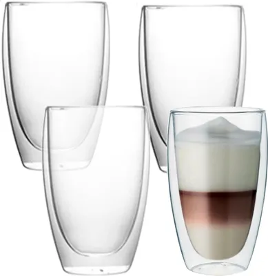 Produktbild von Doppelwandige Gläser | 430 ml | 4 Stück | ohne Henkel Latte Kaffee Thermo Becher Tee Thermogläser für Cappuccino Macchiato Tee Kaffeegläser Glastasse