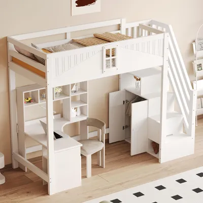 Image de Sweiko Lit mezzanine en bois massif 90 x 200 cm, Porte de sécurité unique avec fenêtre, Échelle de sécurité de rangement latérale interchangeable à gauche et à droite, Lit multifonctionnel, Blanc