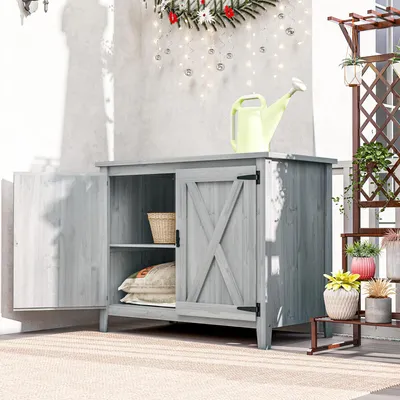 Produktbild von Sweiko Gartenschrank, Holzschrank für Gartengeräte, Outdoor-Schrank für Terrasse, mit Doppeltüren, Scheunendesign, Hellgrau