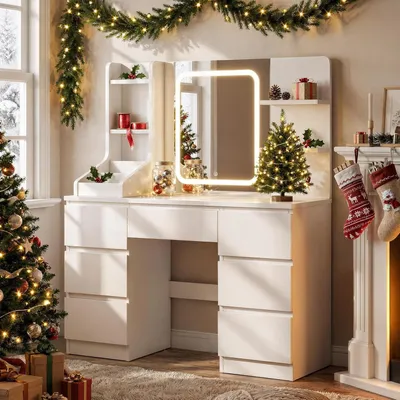 Obrázek produktu pro Kosmetický stolek se zrcadlem - Toaletní stolek - Pro líčení - Nastavitelné LED osvětlení - 110 x 40 x 139 cm