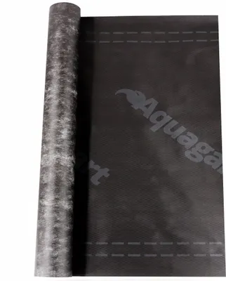 A roll of black underlayment material for roofing or construction, with a logo and dashed lines printed on it.
