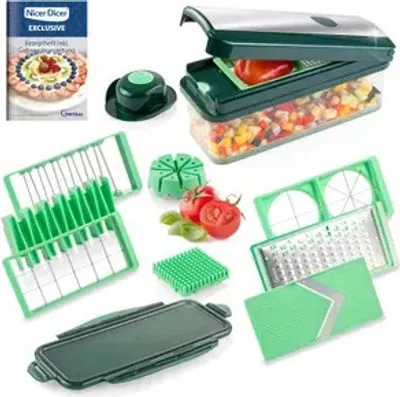 Produktbild von Genius Nicer Dicer Exclusive Gemüseschneider 15tlg Würfelschneider + Tomatenschneider Set 4 Einsätze + Reibe grob & Hobel + Auffangbehälter 2500ml