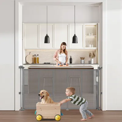 Obrázek produktu pro VEVOR, výsuvná dětská brána, výška 870 mm, roztažitelná do šířky až 1400 mm, výsuvná brána pro děti nebo domácí zvířata, síťovina, snadná instalace pro vnitřní schodiště, dveře, chodby, dětské pokoje, šedá barva