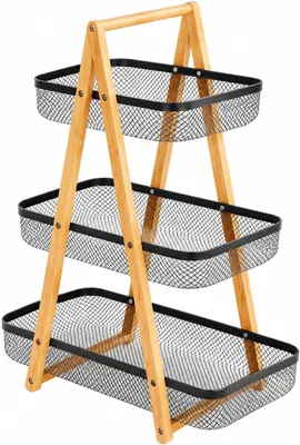 Imagen del producto de Cesta metálica para frutas, de tres niveles, con dimensiones de 36 x 20,5 x 53,5 cm, con asa de madera, ideal para ahorrar espacio en la cocina