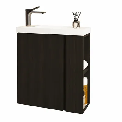 Produktbild von JINDOLI Waschtisch mit Unterschrank 55 cm, Vormontiert, Waschbecken aus Mineralguss mit silberner Armatur, Kompaketes Badmöbel-Set, Schwarz