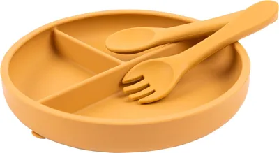 Produktbild von Ocker Baby Geteilt Silikon Saugplatte, Gabel & Löffel Set - Kinder Kleinkind Entwöhnung Fütterung Essen Dish mit Abschnitte - Von Tiny Dining