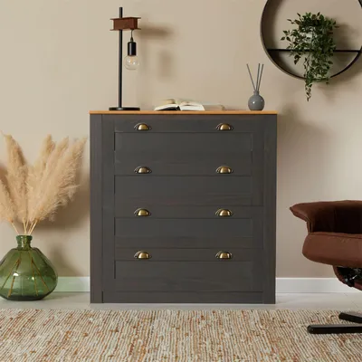 Produktbild von Kommode BOLTON aus Massivholz in anthrazit/braun, Sideboard mit 4 Schubladen und Muschelgriffen aus Metall, Sideboard aus Kiefer, Holz lackiert