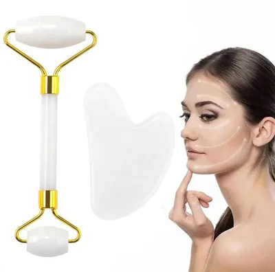 Immagine prodotto di Set con rullo di giada e strumento Gua Sha: rullo viso e pietra Gua Sha, massaggio viso per viso, occhi e collo. Rullo massaggiante per la cura della pelle e la bellezza