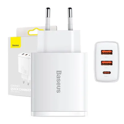 Produktbild von Baseus Kompaktes Schnellladegerät 2x USB / USB Typ C 30W 3A Power Delivery Quick Charge weiß (CCXJ-E02)