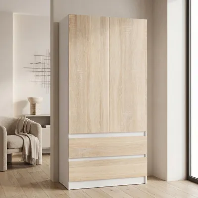Immagine prodotto di Armadio Novela, Sonoma / Bianco a 2 ante | Armadio moderno per camera da letto 90 x 180 x 50 cm | Armadio guardaroba per ingresso e camera dei bambini, capiente
