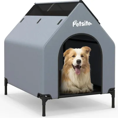 Image de Niche pour chien 2 en 1 et lit surélevé pour chien - Lit pour chien d'extérieur - Tissu mesh respirant - Housse amovible - Gris