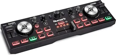 A black Numark DJ2GO 2 Touch DJ controller is shown from a slightly elevated, diagonal angle against a white background.