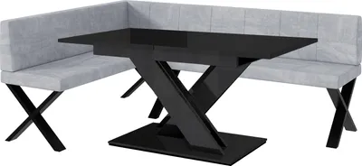 Produktbild von MEBLINI Eckbank für Esszimmer mit ausziehbarem Tisch - Küchenbank - Essecke - Sitzecke Küche - PETER - X-Beine 142x196x87cm Links - Hellgrau Samt/B Schwarz Hochgl.