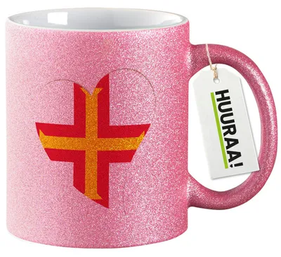 Produktbild von Huuraa Glitzertasse Guernsey Flagge Herz 330ml Pink Keramik Kaffeebecher Geschenkidee