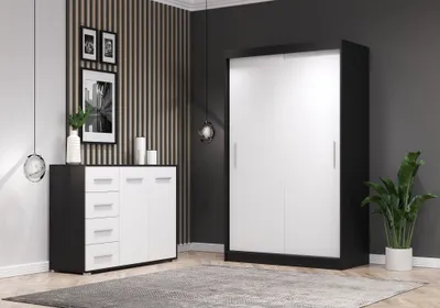 Produktbild von 2er-Set Schwebetürenschrank Schrank Kleiderschrank ohne Spiegel Schwarz/Weiß 120cm Neomi 04 mit Kommode 135cm FRIDA 01