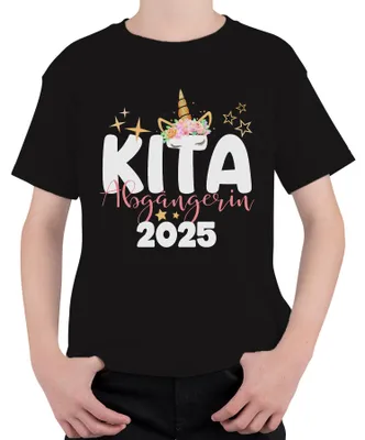 Produktbild von Kita Abgängerin 2025 Personalisiert Wunschjahr Personalisierbar Jahr süßes Einhorn Mädchen Einschulung Kindergarten Abschied Uni Kinder T-Shirt, Schwarz, 128