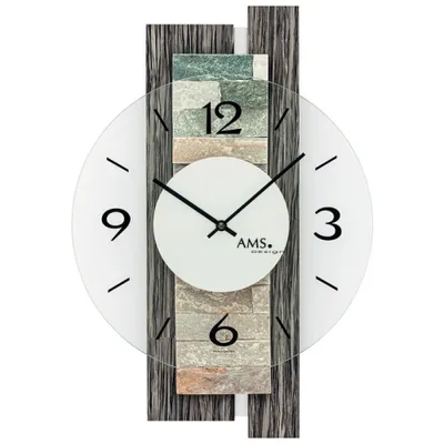 Obrázok produktu pre AMS 9544 Nástenné hodiny Quartz Analogue Modern Grey Wood Optics s prírodným kameňom a sklom