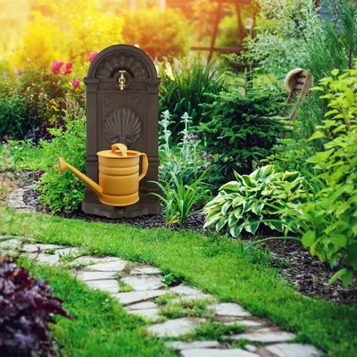 Produktbild von Relaxdays Standbrunnen, Antik-Stil, HBT: 82,5x39x32 cm, Nostalgie, Garten, Terrasse, Wasserhahn, Becken, stehend, braun