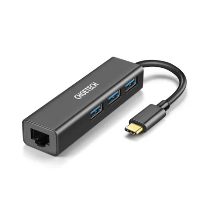 Zdjęcie produktu dla Hub Choetech U02, USB-C - 3x, USB 3.0, RJ45 Gigabit, Czarny